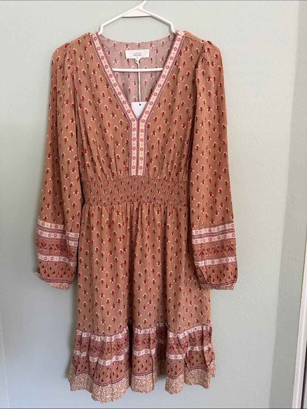 Lucky Brand Tan Boho Long Sleeve V-Neck Dress with Red Floral Print